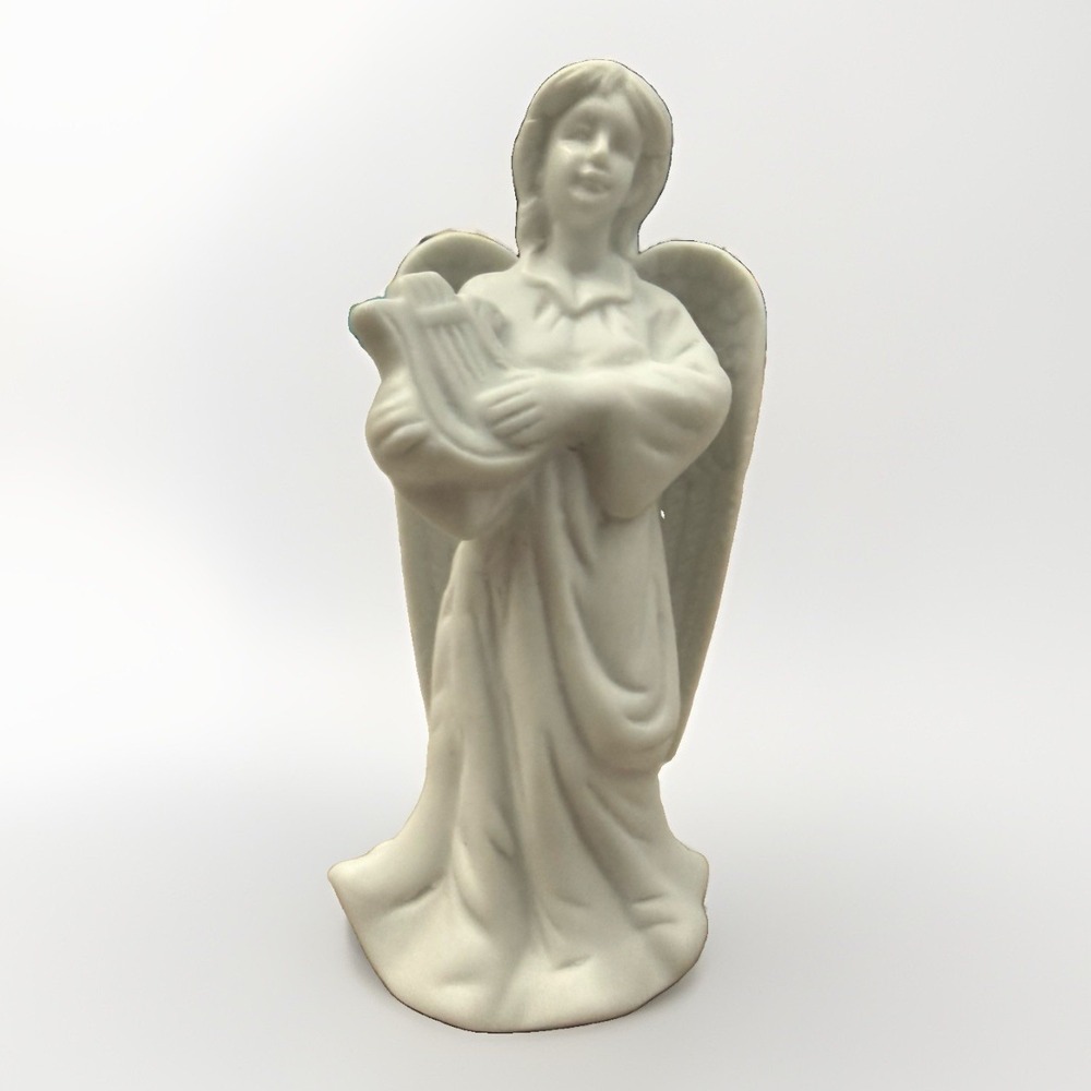 Vintage Hermitage Pottery Angel With Harp Bisque Figurine